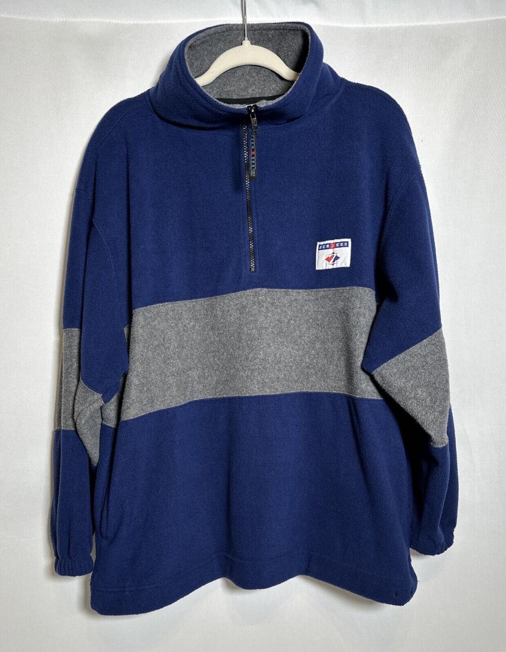 VTG JERZEES Sweater Men's L Blue Gray 1/4 Zip Heavy Fleece Pockets 90s